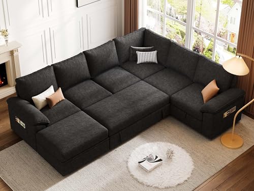108 Inch U-Shaped Sectional Sleeper Sofa with Pull Out Bed, Dark Grey J60928