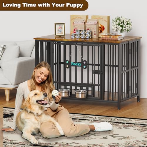 Easycom 41" Foldable Dog Crate Furniture with Adjustable Bowls, Rustic Brown M74490