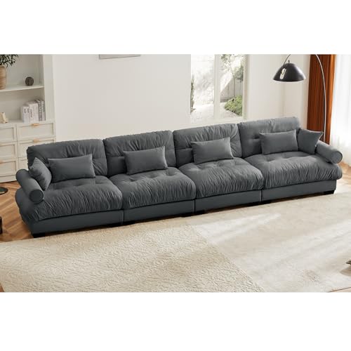 130" Modular Sectional Sofa with Movable Ottoman, Velvet Upholstered, Green Y4976