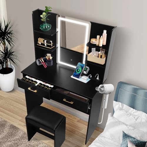 White Vanity Set with Lighted Mirror, Drawers and Stool V52922