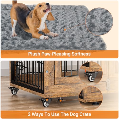 Lulive Dog Crate Furniture for Medium Dogs, 32" Wooden Kennel with Cushion & Wheels, Grey D230281