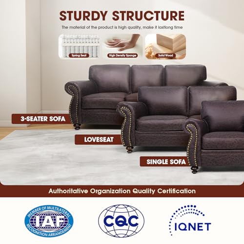 Mid-Century 3-Seater Sofa with Rivet Design, Removable Cover and Solid Wood Frame I150