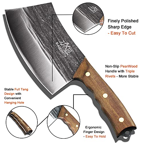 BLADESMITH Meat Cleaver Bone Chopper Knife, 6.3'' Stainless Steel Blade with Pear Wood Handle Q434