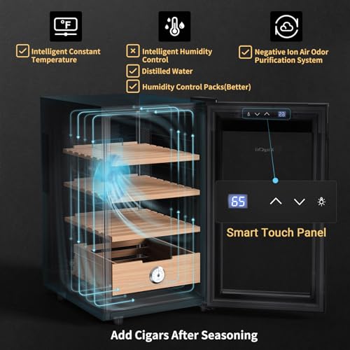 KingChii 16L Electric Cigar Humidor Cabinet with Temperature Control and Spanish Cedar Shelves H300