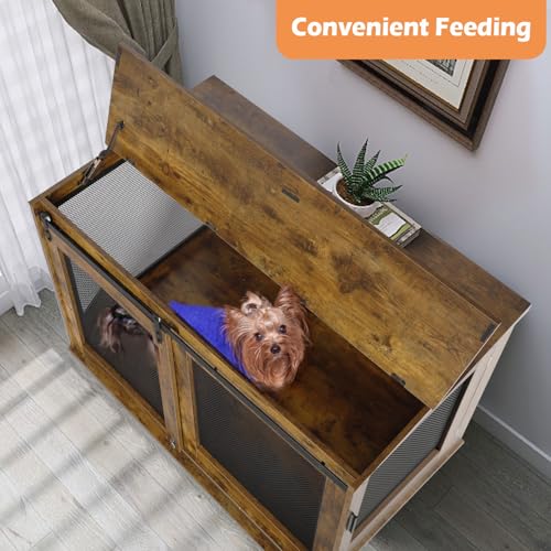 LINLUX 47 Inch XL Wooden Dog Crate Furniture with Sliding Doors and Wheels V980