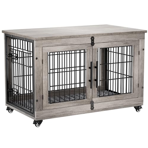Lulive Dog Crate Furniture for Medium Dogs, 32" Wooden Kennel with Cushion & Wheels, Grey D230281