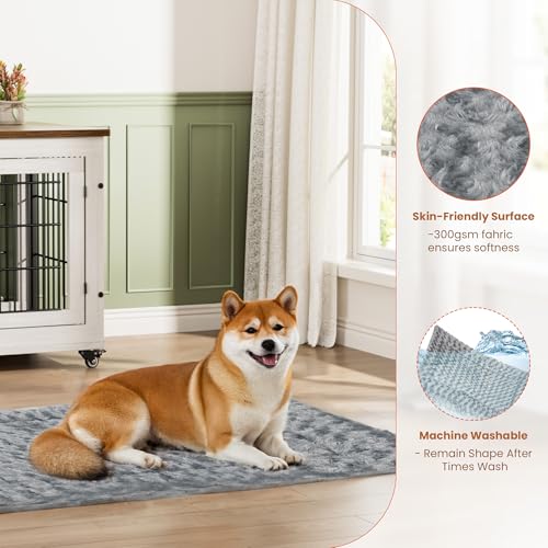 Lulive Dog Crate Furniture for Medium Dogs, 32" Wooden Kennel with Cushion & Wheels, Grey D230281