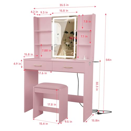 White Vanity Set with Lighted Mirror, Drawers and Stool V52922