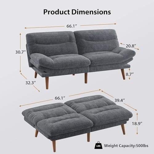 Pipishell Convertible Futon Sofa Bed, 66" Corduroy, Grey L81220