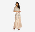 Adrianna Papell Long Floral Beaded Gown with Flutter Sleeves, Taupe Pink, Size: 14