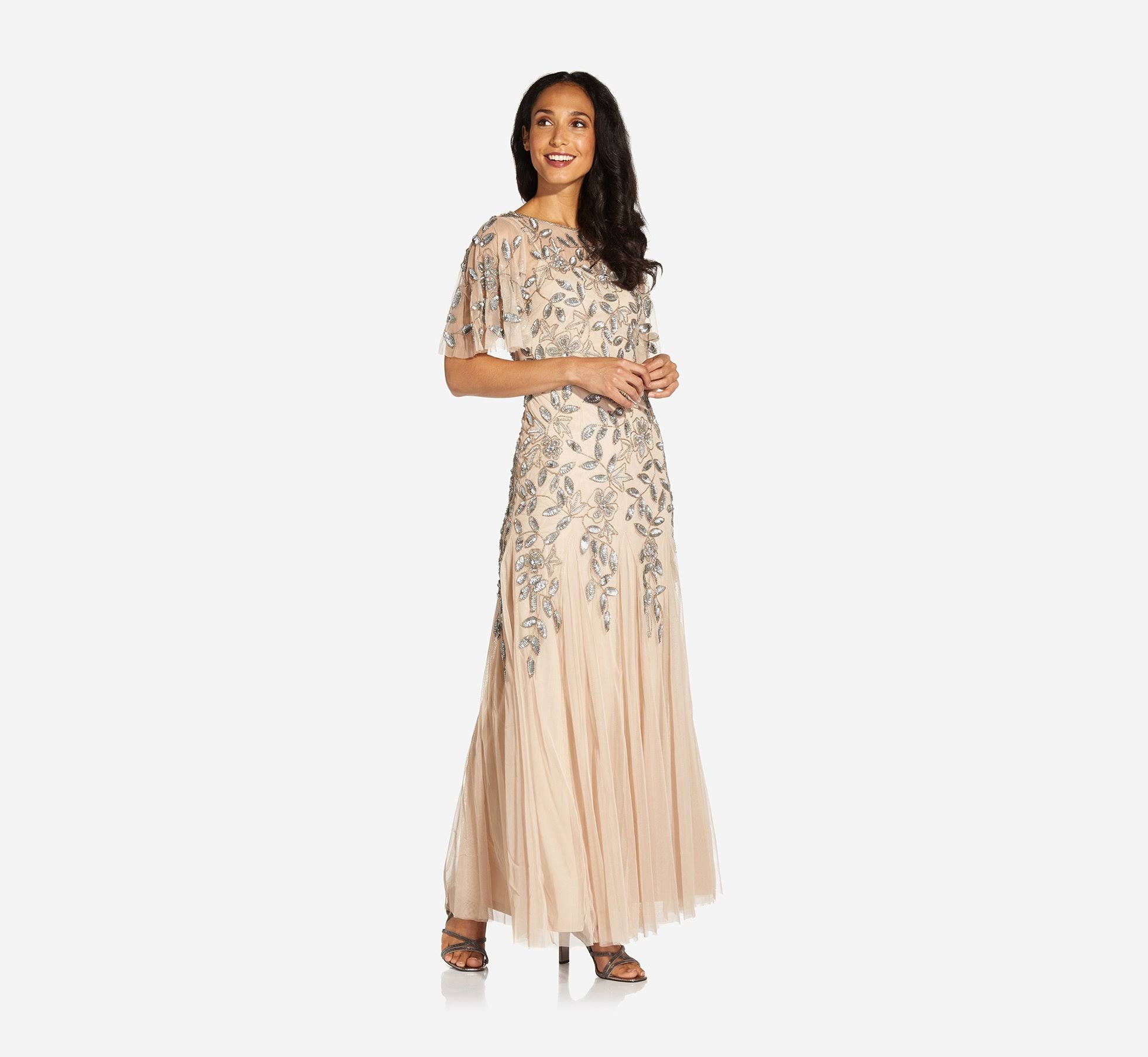 Adrianna Papell Long Floral Beaded Gown with Flutter Sleeves, Taupe Pink, Size: 14