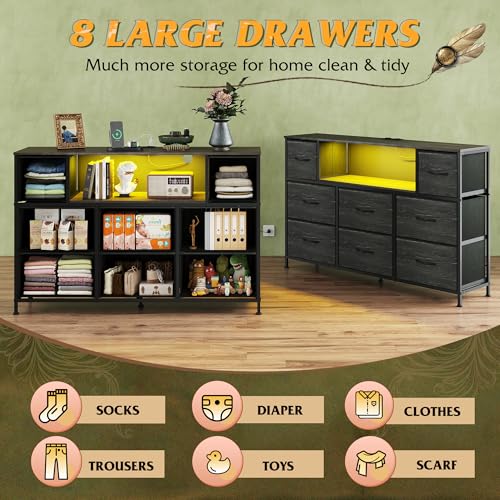 WLIVE Dresser for Bedroom with Charging Station and LED Lights, 8 Drawer R754