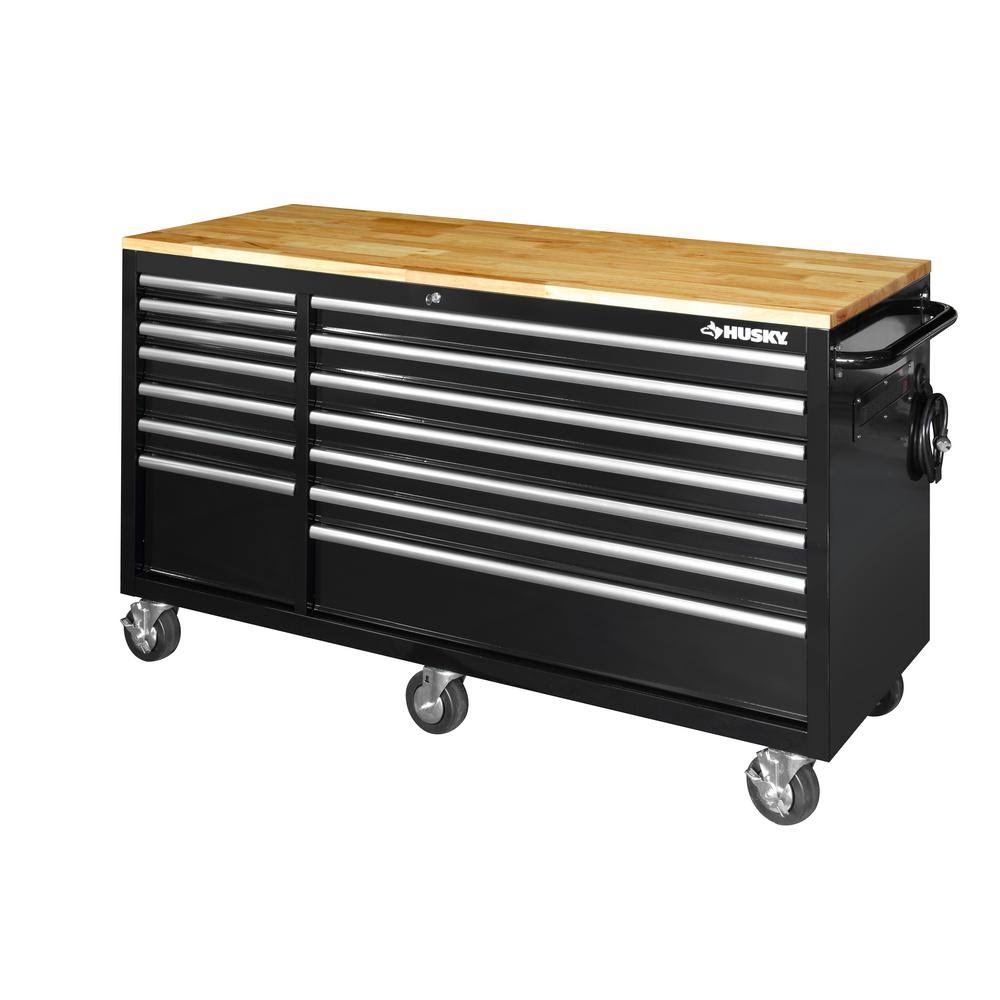 Husky 62 in. 14-Drawer Mobile Workbench with Solid Wood Top, Black, Gloss Black - Megean