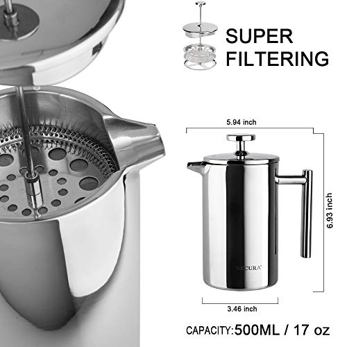 Secura French Press Coffee Maker, 34oz Stainless Steel Insulated, Silver W447