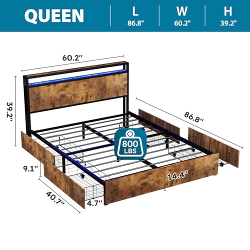 Queen Size Bed Frame with 4 Storage Drawers, LED, Charging Station, Gray L1115