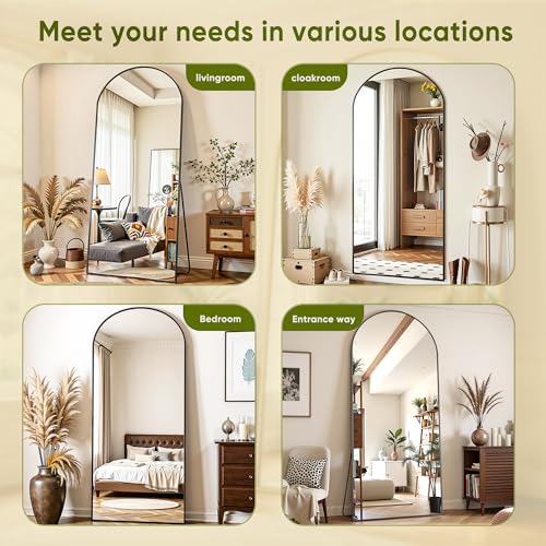 78" Oversized Arched Floor Mirror with Stand, Aluminum Frame, Black N18643