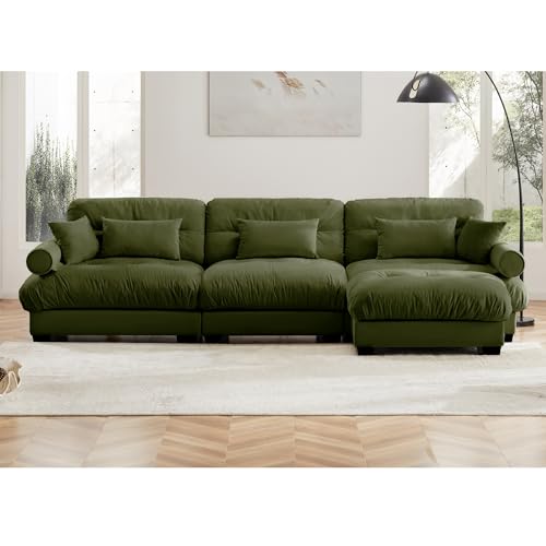 130" Modular Sectional Sofa with Movable Ottoman, Velvet Upholstered, Green Y4976