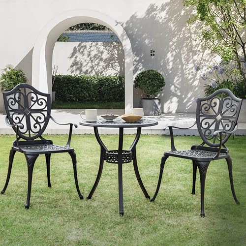 NUU GARDEN 3 Piece Cast Aluminum Bistro Set with Umbrella Hole, Black N80118