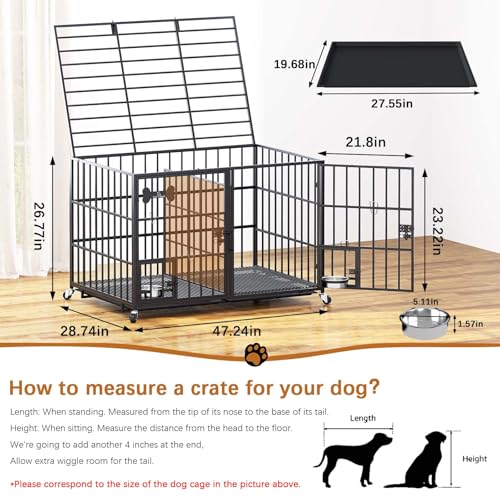 aboxoo 42/48 inch Heavy Duty Metal Dog Crate for Large Dogs with Wheels and Tray M5685