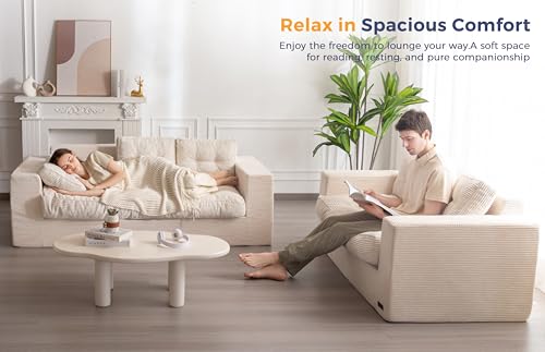 MAXYOYO 3 Seater Boneless Floor Sofa with Tufted Cushion, Beige A96326