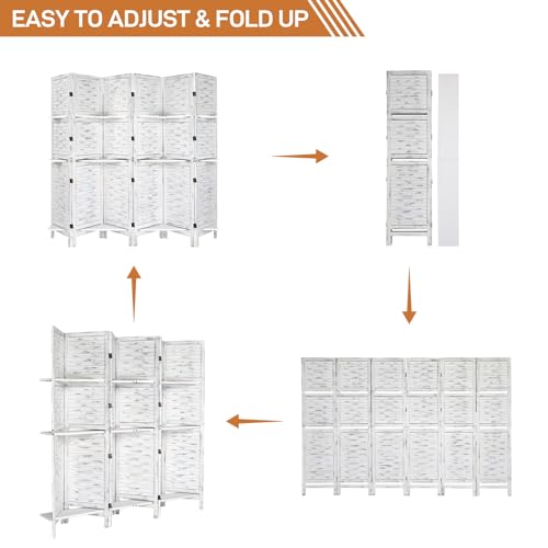 Bonnlo 6 Panel Wood Room Divider with Shelves, 6 FT Folding Privacy Screen T6528