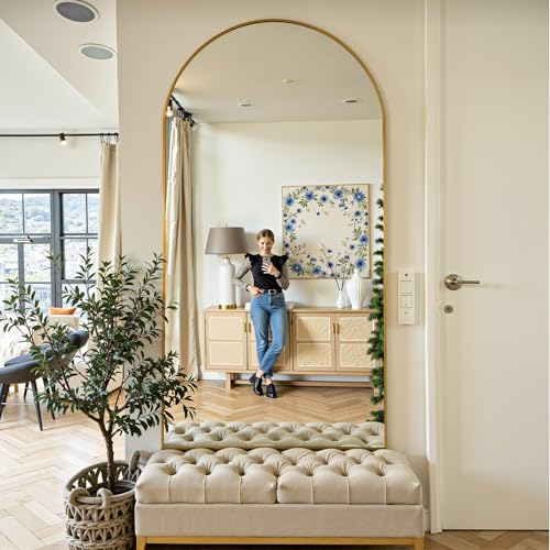 78" Oversized Arched Floor Mirror with Stand, Aluminum Frame, Black N18643