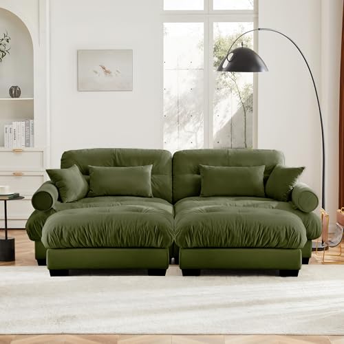 130" Modular Sectional Sofa with Movable Ottoman, Velvet Upholstered, Green Y4976