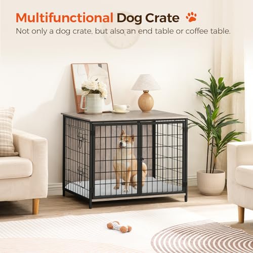 Wooden Dog Crate Furniture with Cushion, Double Doors, Greige X29262