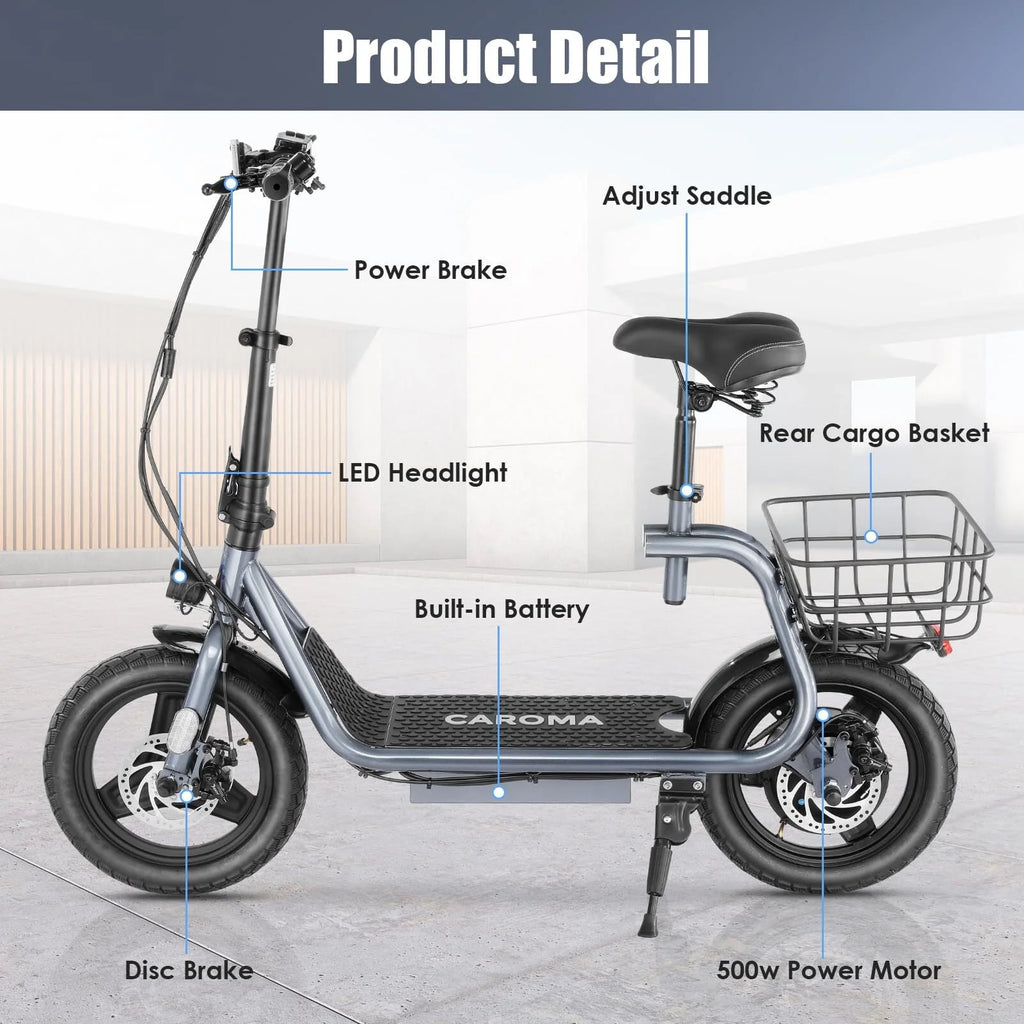 Caroma 500W Electric Scooter with Seat for Adult, 14 inch, 20 MPH F719250