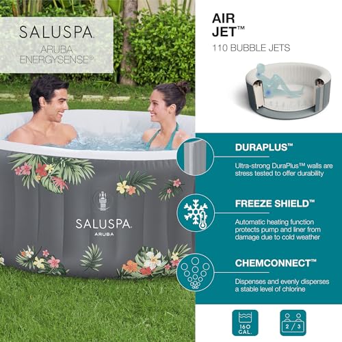 Bestway SaluSpa Aruba AirJet Inflatable Hot Tub, 67 x 26 Inch Round Portable Spa with Cover, Gray S258640