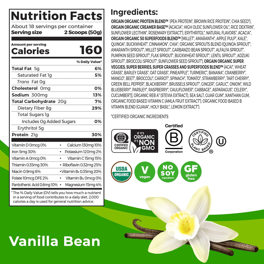 Orgain Organic Plant Based Protein + Superfoods Powder, Vanilla Bean, 2.02 lb P4374