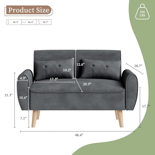 Vongrasig 47" Modern Loveseat Sofa, Mid Century Linen Fabric, Dark Gray O910