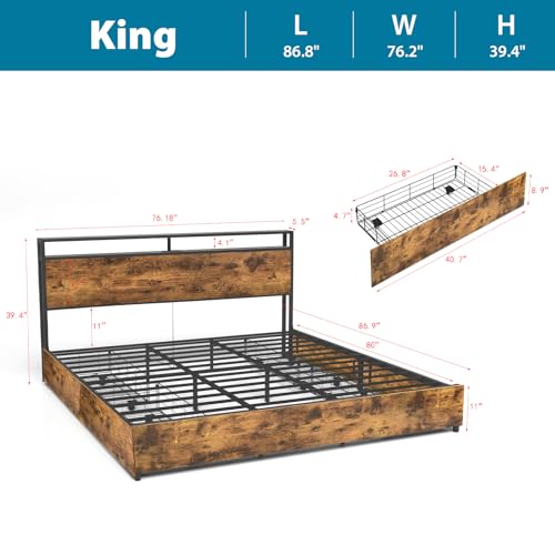 Queen Size Bed Frame with 4 Storage Drawers, LED, Charging Station, Gray L1115