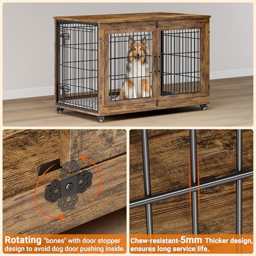 Lulive Dog Crate Furniture for Medium Dogs, 32" Wooden Kennel with Cushion & Wheels, Grey D230281
