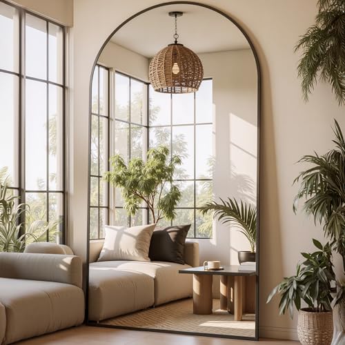 78" Oversized Arched Floor Mirror with Stand, Aluminum Frame, Black N18643