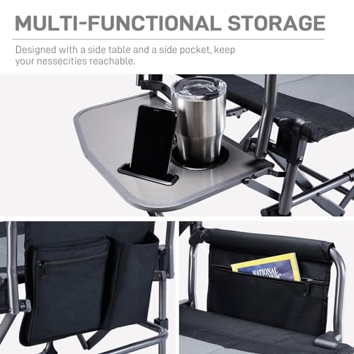 EVER ADVANCED Camping Directors Chair with Side Table, Portable Folding, Heavy Duty, Black T488