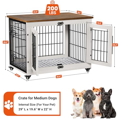 Lulive Dog Crate Furniture for Medium Dogs, 32" Wooden Kennel with Cushion & Wheels, Grey D230281