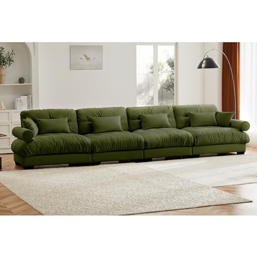130" Modular Sectional Sofa with Movable Ottoman, Velvet Upholstered, Green Y4976