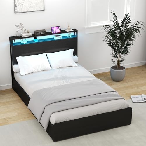 Full Size Bed Frame with Headboard, LED Lights, 4 Storage Drawers, Charging Station, Black C93321