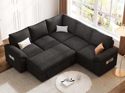 108 Inch U-Shaped Sectional Sleeper Sofa with Pull Out Bed, Dark Grey J60928