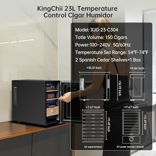 KingChii 16L Electric Cigar Humidor Cabinet with Temperature Control and Spanish Cedar Shelves H300