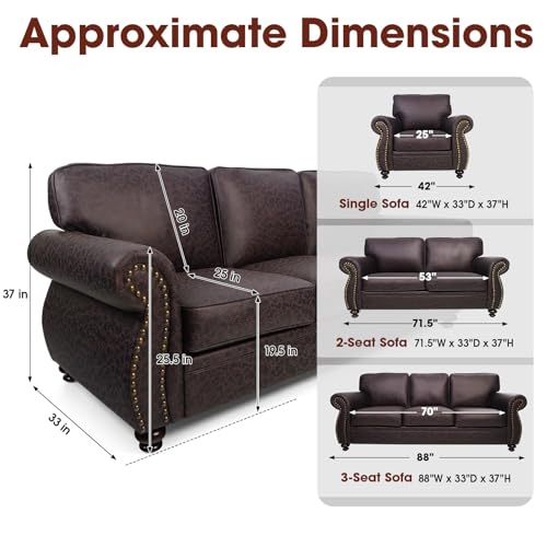 Mid-Century 3-Seater Sofa with Rivet Design, Removable Cover and Solid Wood Frame I150