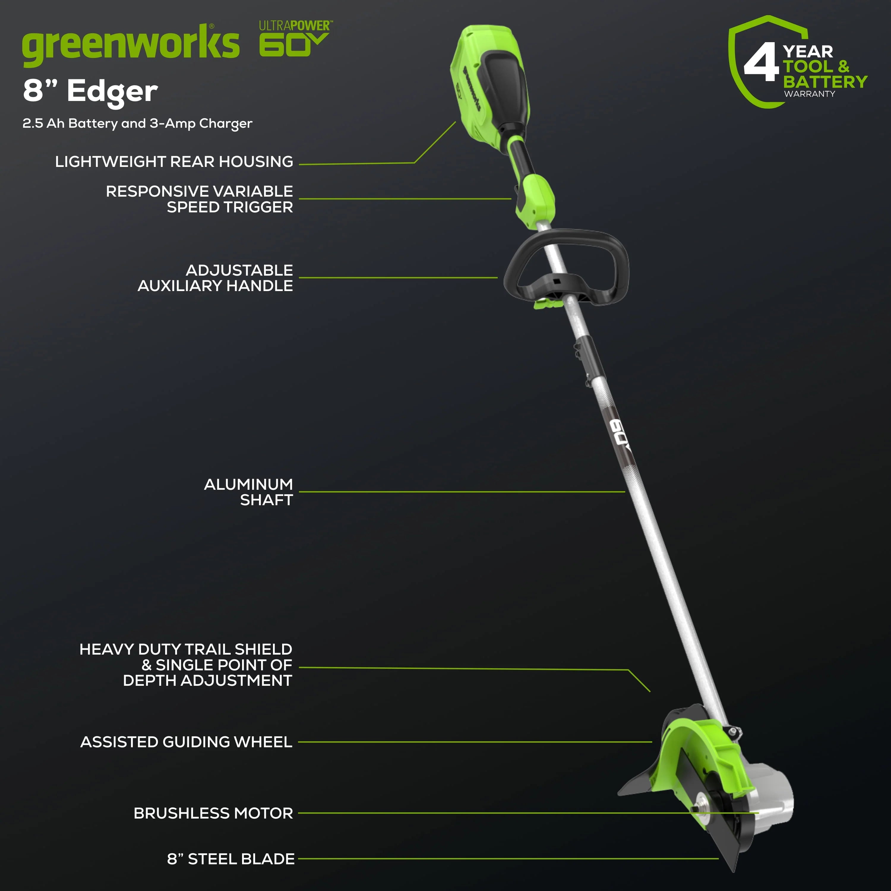 Greenworks 60V 8" Edger with 2.5 Ah Battery & Charger K960250