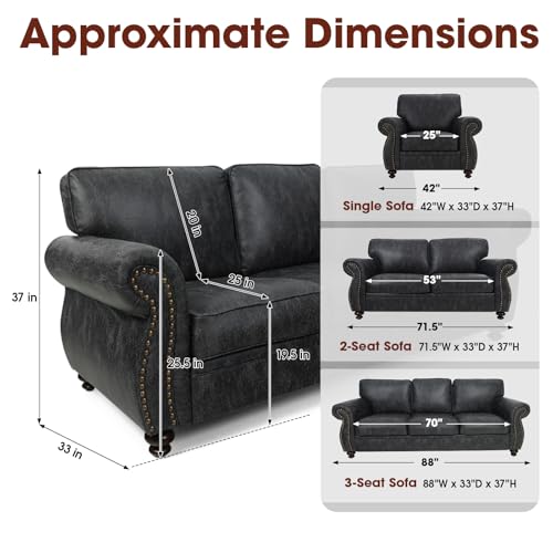 Mid-Century 3-Seater Sofa with Rivet Design, Removable Cover and Solid Wood Frame I150