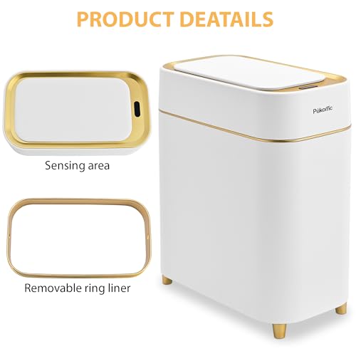 Pukomc Automatic Sensor Trash Can 2.3 Gallon Touchless Lid Quiet Close White Gold A928188