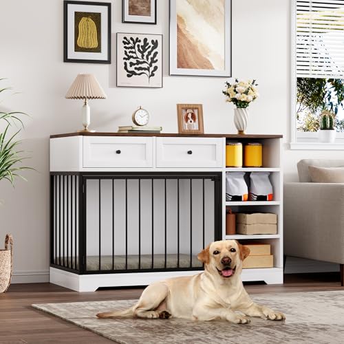 IDEALHOUSE 47" Large Dog Crate Furniture with 2 Drawers, Wooden Kennel for Medium Large Dogs, Black W8906