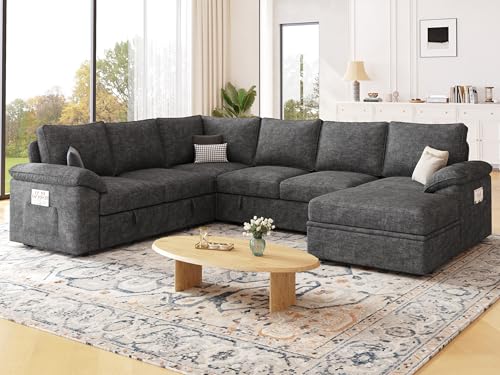 108 Inch U-Shaped Sectional Sleeper Sofa with Pull Out Bed, Dark Grey J60928