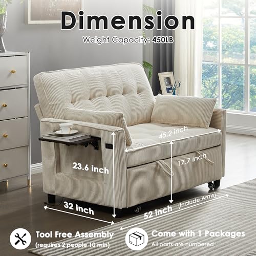 Corduroy Sleeper Sofa Bed with USB Port and Side Pockets, Beige I998
