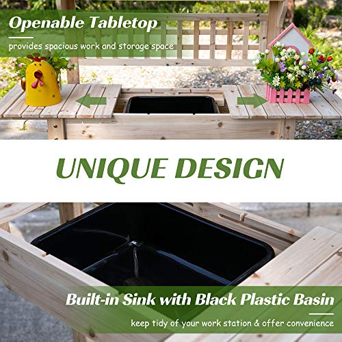 Outsunny Wooden Potting Bench Table with Sliding Tabletop and Storage Shelf M52235