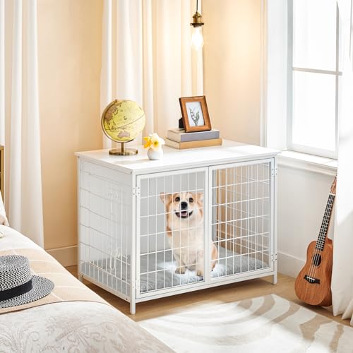 Wooden Dog Crate Furniture with Cushion, Double Doors, Greige X29262